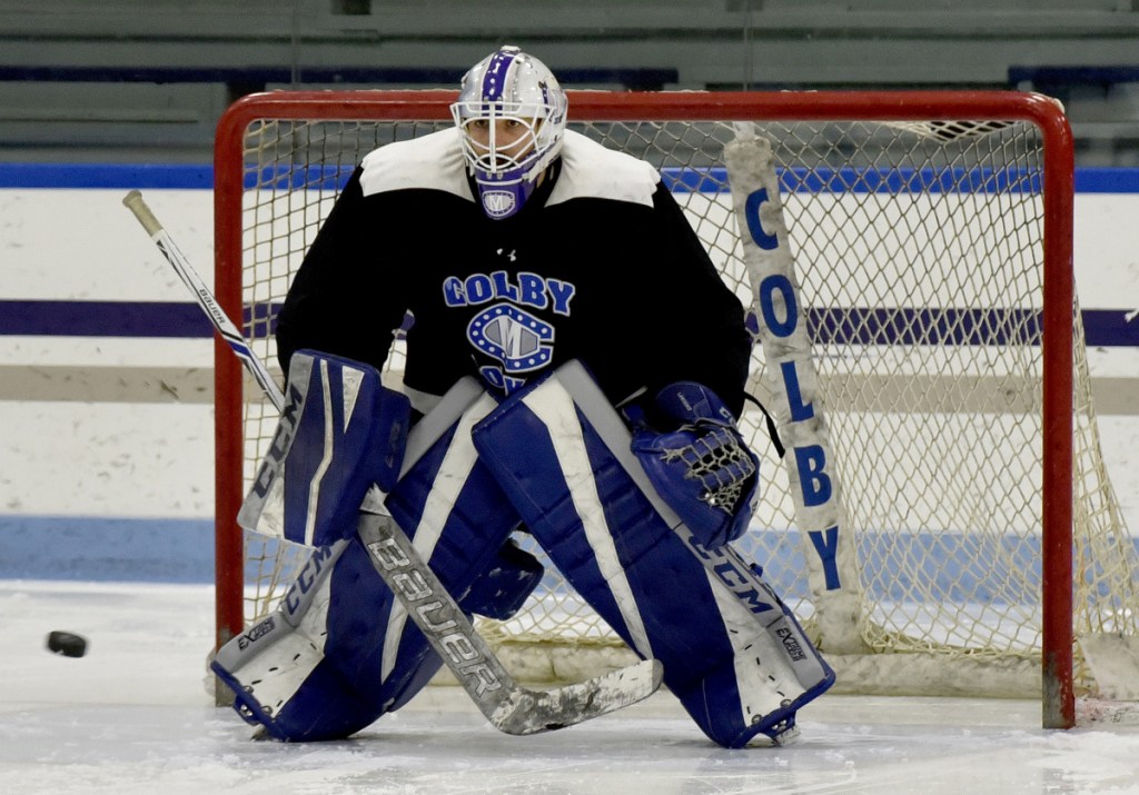 Colby goalie Sean Lawrence maintains his focus during practice Tuesday in Waterville.