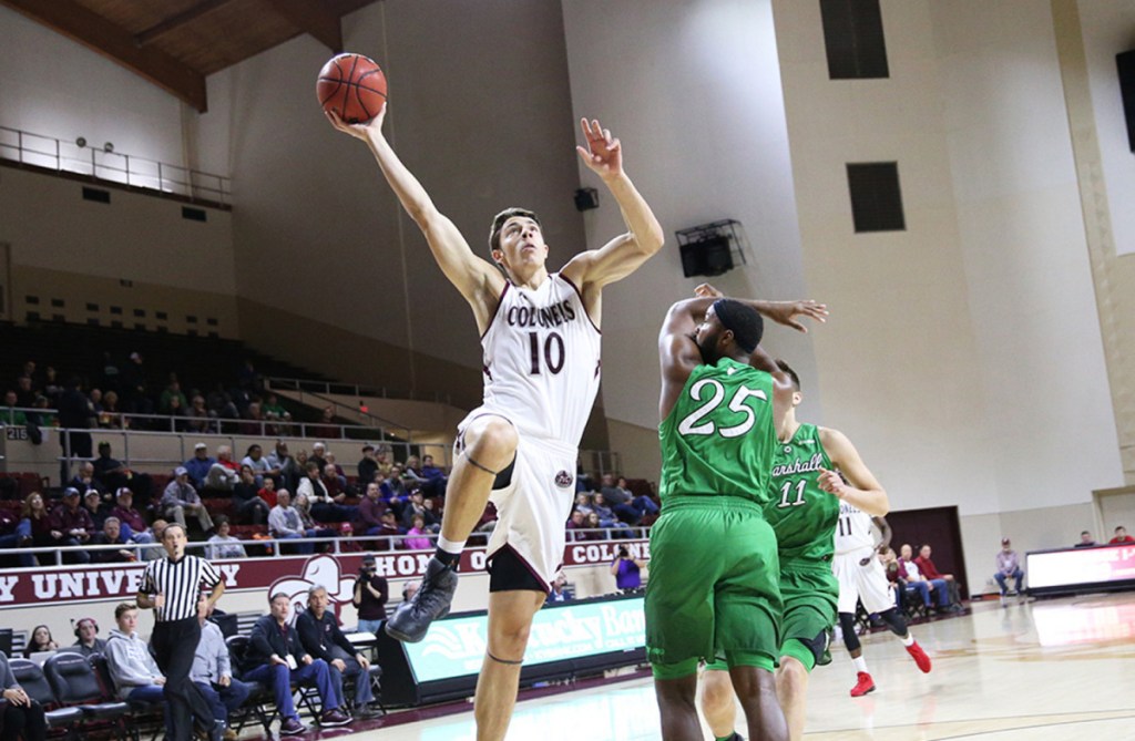 Eastern Kentucky forward Nick Mayo, a Messalonskee graduate, goes up for a shot during a 2017 game against Marshall.