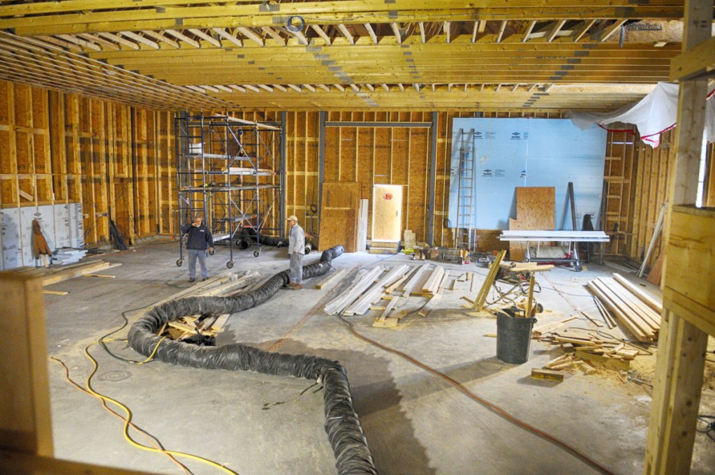 The new firehouse is under construction in Hallowell, where blue insulation covers the opening that will be one of the three truck bay doors.