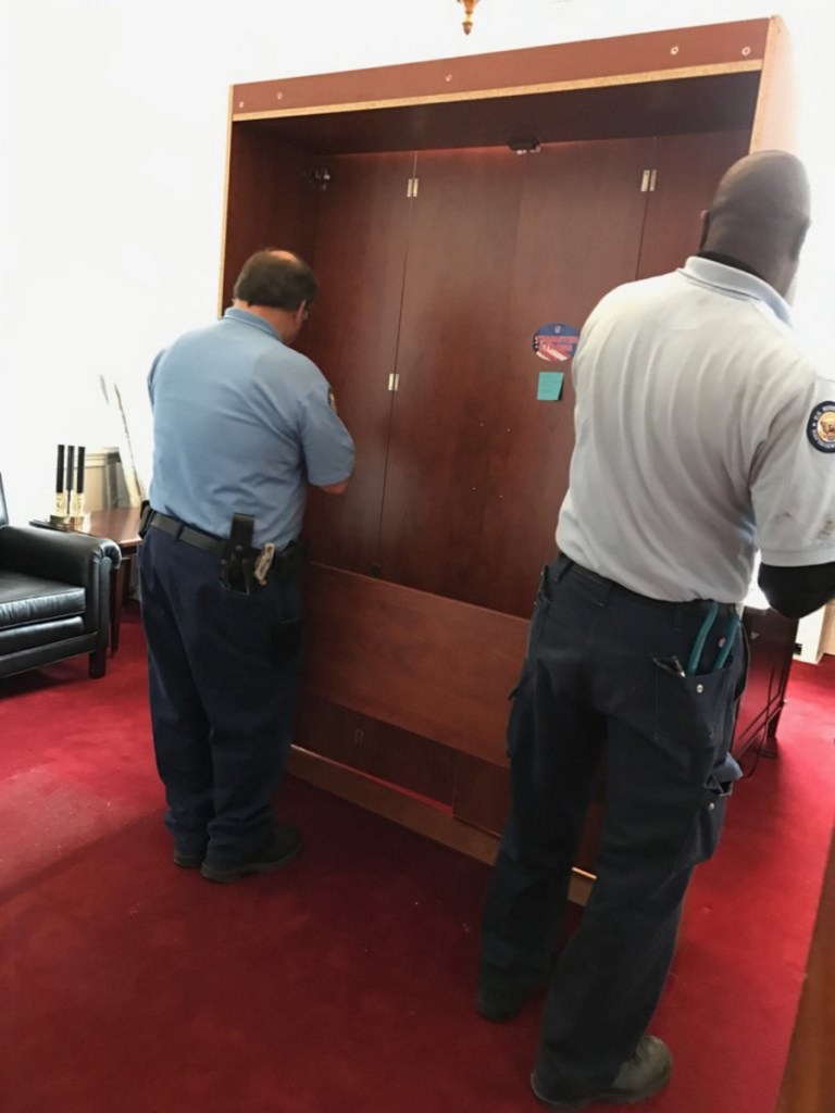 When U.S. Rep. Bruce Poliquin moved to a new office in December 2016 in the Longworth House Office Building, he brought his bed along with him. His office released this picture of workers taking apart his Murphy bed to take it to the new location.