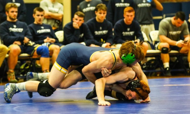 University of Southern Maine sophomore Peter Del Gallo wrestles Bridgewater State's Shawn Ferrell in a 125-pound match on Nov. 4 in Gorham. Del Gallo pinned Ferrell in 48 seconds.