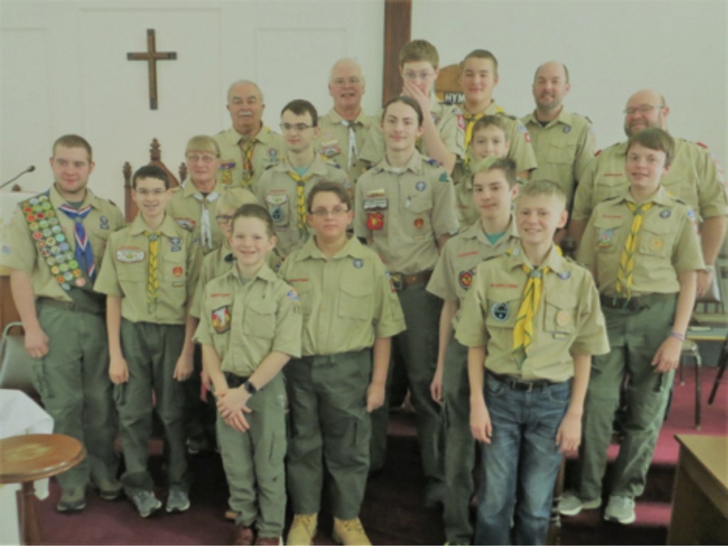 Boy Scouts from Troop 479 with some of their leaders, provided the morning worship service on Boy Scout on Feb. 4, at the China Baptist Church, 36 Causeway Road. In front, from left, are Galen Neal, Roger Files and Sam Boynton. Second row, from left, are Leader Christian Hunter, Aiden Pettengill, Ayden Newell, Michael Boostedt and Hunter Praul. Third row, from left, are Leader Priscilla Adams, Tucker Leonard, Nivek Boostedt and Remy Pettengill. In back, from left, are Leader Ron Emery, Scoutmaster Scott Adams, Alex Stewart, Andrew Weymouth, Leader Darryl Praul and Leader Sean Boynton.
