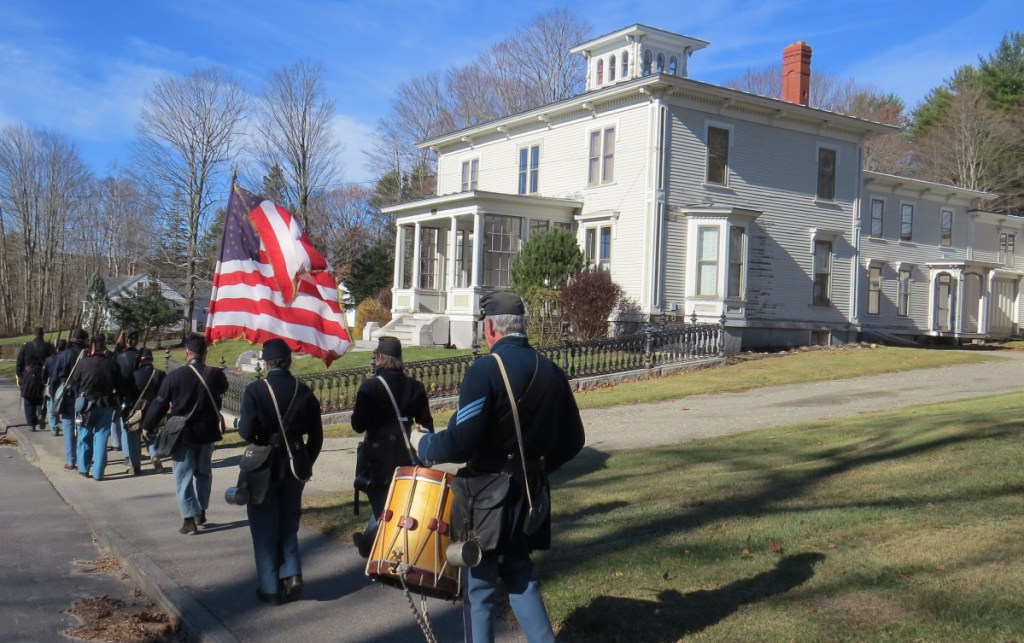 The 3rd Maine Regiment Volunteer Infantry participated in Readfield's Veterans' Day history walk in 2017. Here, some are shown marching down Main Street in front of the circa 1868 Asa Gile Mansion.