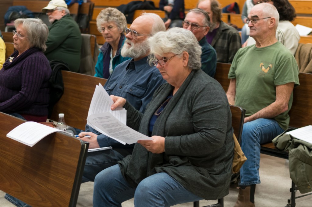 Starks residents review a proposed "Local Food & Community Self Governance Ordinance" before voting to pass the ordinance Saturday at Town Meeting in Starks.