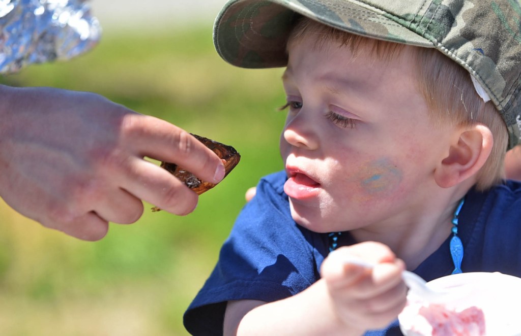 Austin Hood, 2, comes eye to eye with a smoked alewife as he prepares to take a bite out of its head while holding an ice cream chaser at the annual Benton Alewife Festival at Family Fun Park in Benton on May 20, 2017.