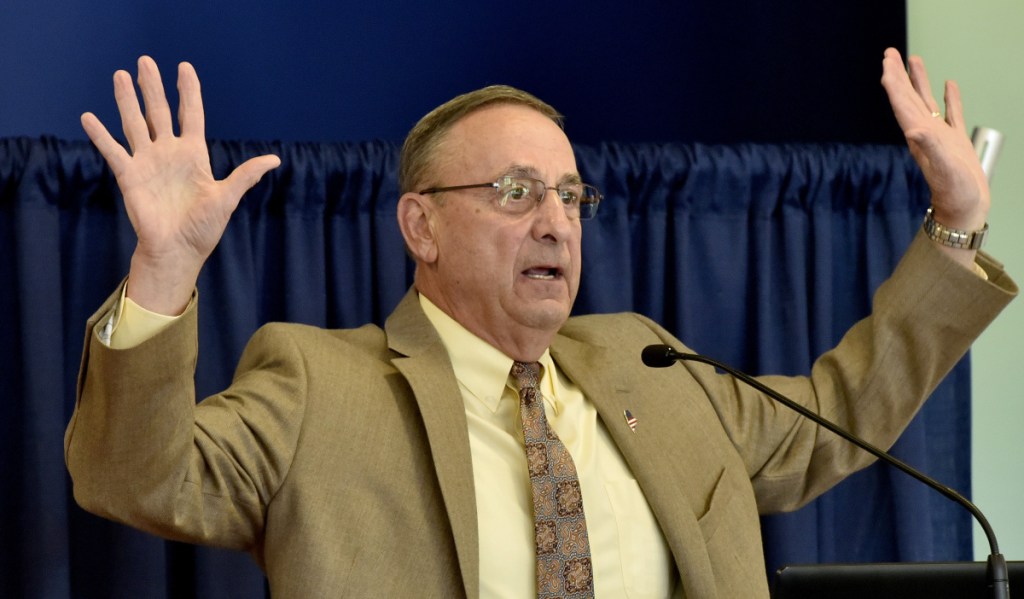 Gov. Paul LePage outlines his legislative agenda for the rest of his term during a breakfast meeting Thursday with the Mid-Maine Chamber of Commerce at Thomas College in Waterville.