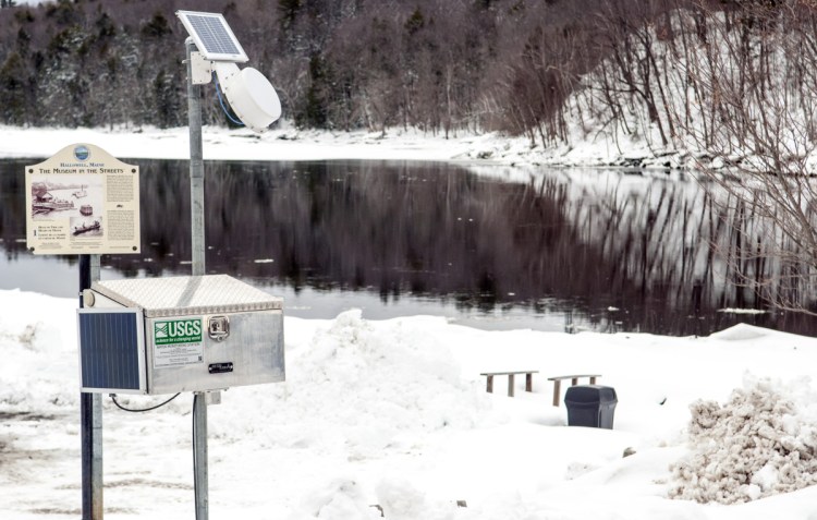 The U.S. Geological Survey recently installed this water monitoring station in Hallowell's Granite City Park on banks of Kennebec River, following destructive flooding in January. Officials say there's a risk of flooding this spring with colder-than-normal temperatures increasing the likelihood of a quick ice melt.