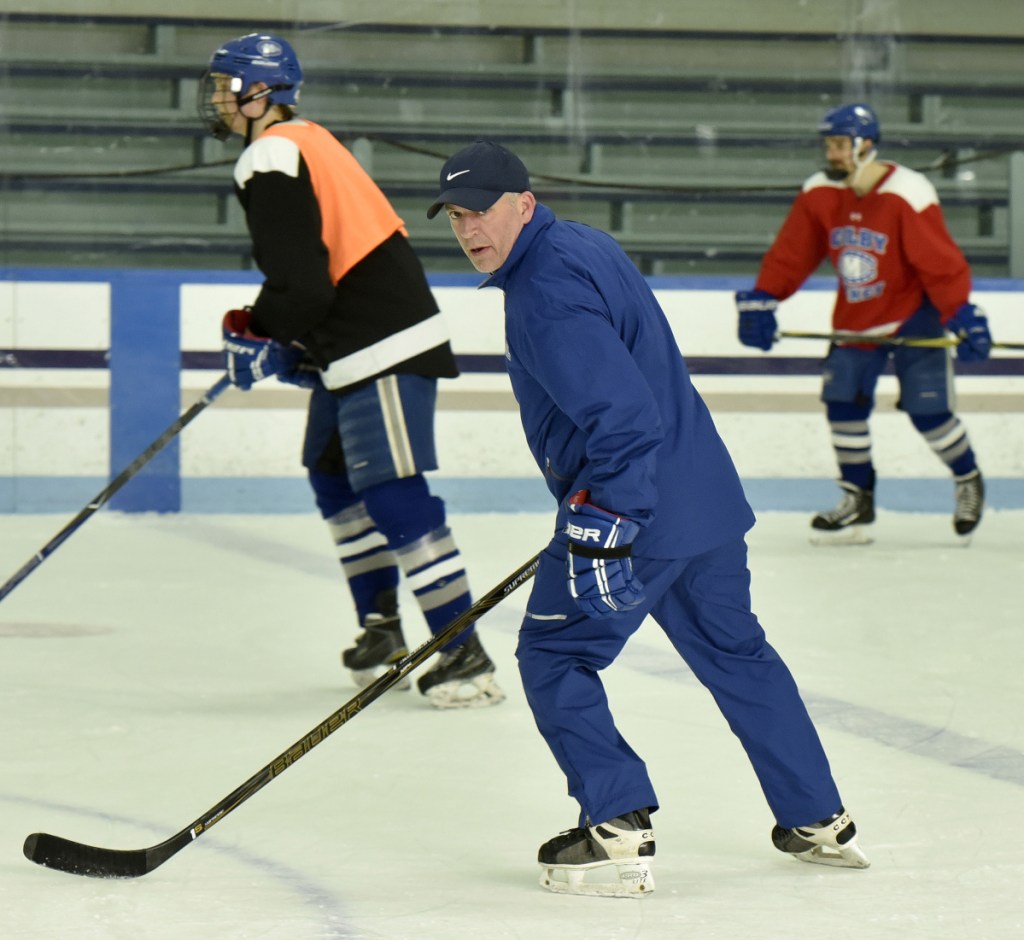Colby College assistant hockey coach Mike Latendresse skates during practice Tuesday in Waterville.