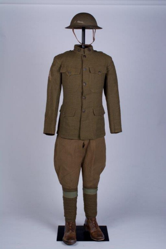 U. S. Army uniform jacket, pants, puttees and helmet, 1917. The uniform was worn by Leroy Hoskins and was a gift to the Maine State Museum from Mary E. Hoskins.