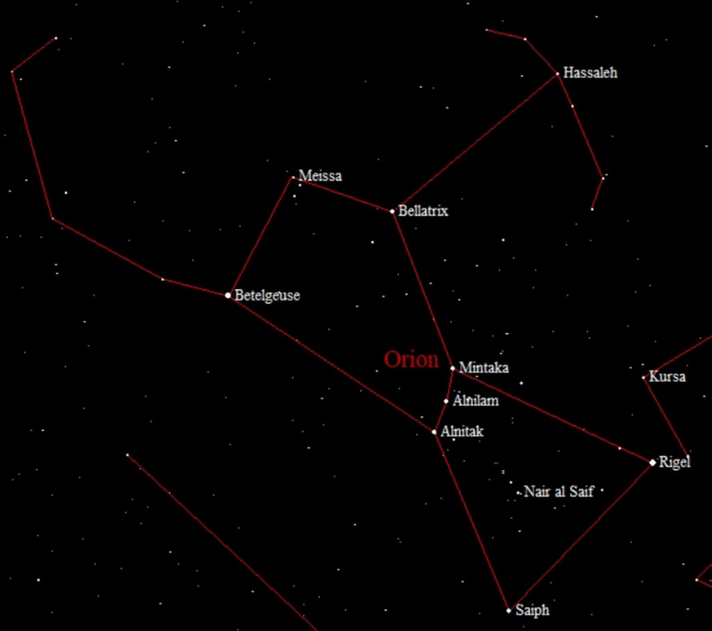 A map of the bright stars in the constellation Orion.