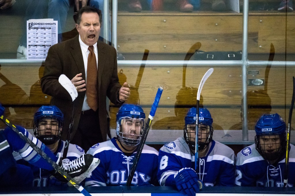 Colby head coach Blaise MacDonald reacts to game action against Geneseo at the NCAA Division III men's ice hockey tournament Saturday in Geneseo, New York.