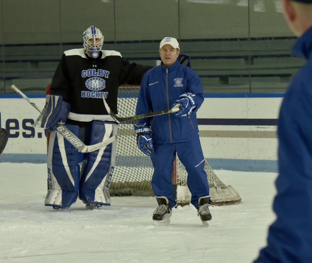 Colby College head coach Blaise MaDonald skates during practice Tuesday in Waterville.