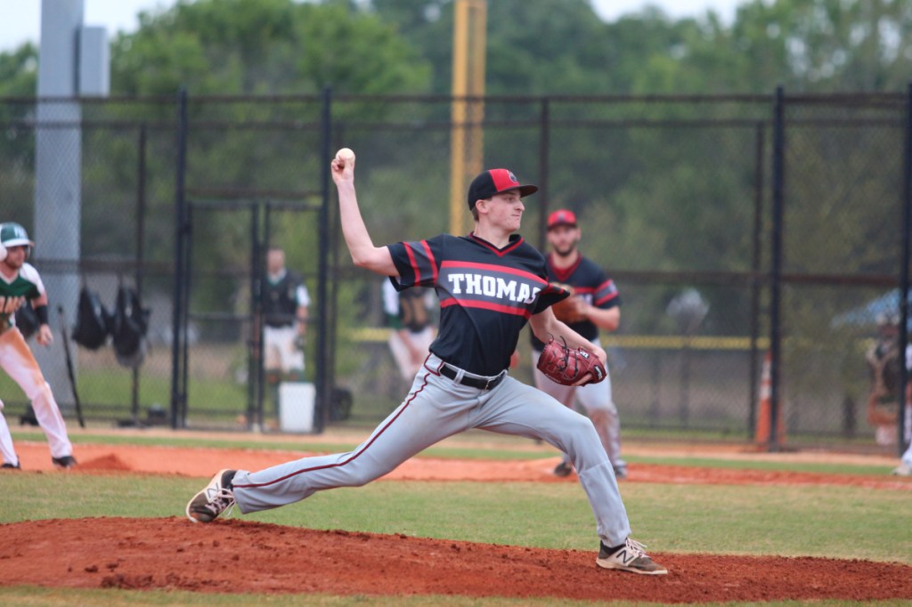 Thomas College pitcher Cody Cousins throws a pitch during a recent game in Florida.