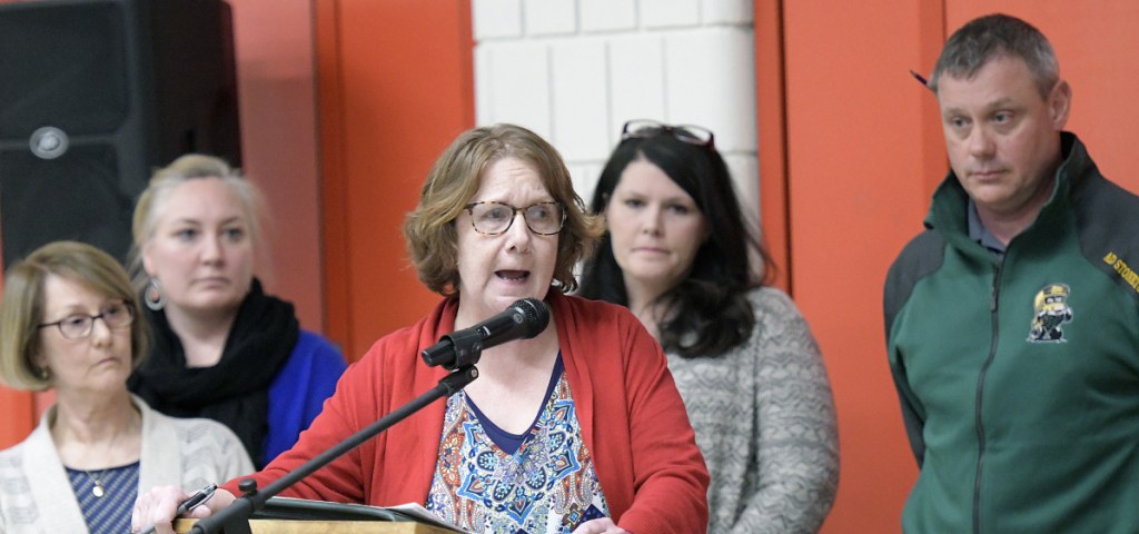 Winthrop Middle School Principal Karen Criss, speaking Wednesday on behalf of the school district administrators who are organizing a union, talks about their poor relationship with Superintendent Gary Rosenthal during a school board meeting in Winthrop.