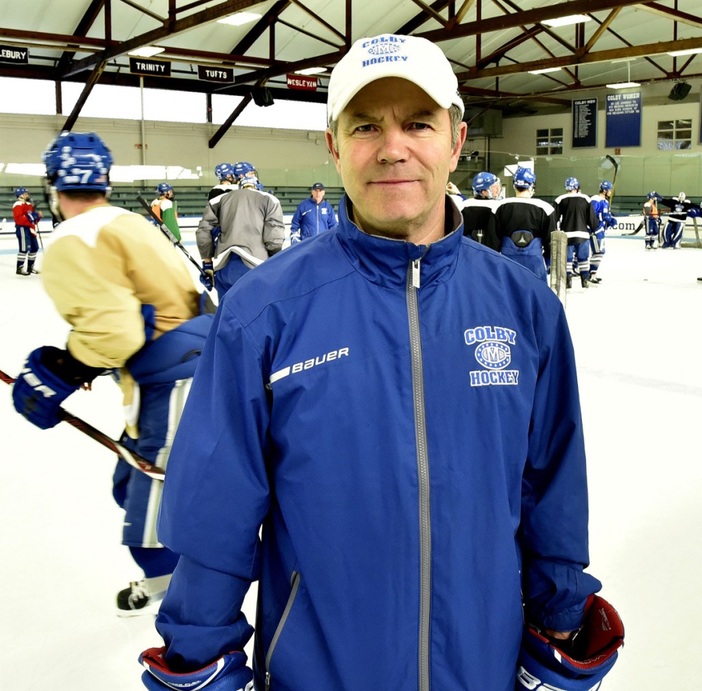Colby men's hockey coachBlaise MacDonald poses during practice Tuesday in Waterville.