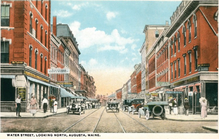 This early-20th-century postcard shows two-way traffic on Water Street looking north from Wintrhrop Street in downtown Augusta.