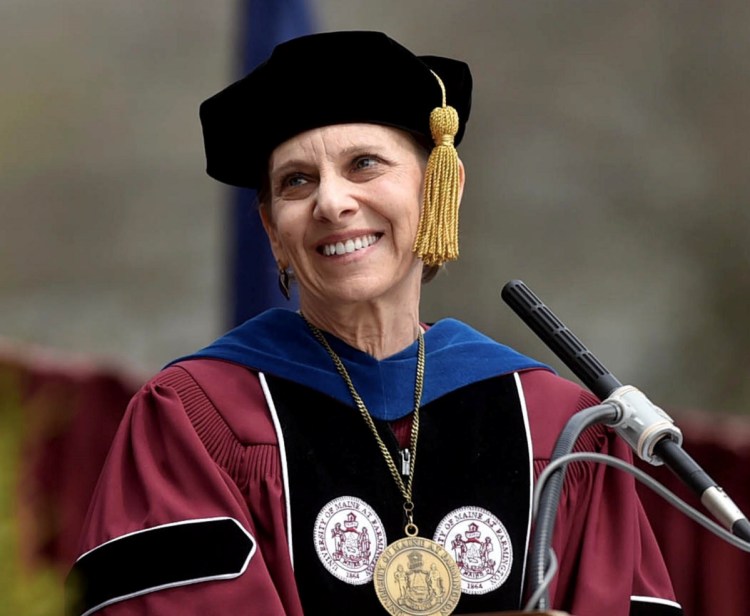 Kathryn Foster, university of Maine at Farmington president, smiles after introducing the recipient of an honorary degree during a May 13, 2017 commencement ceremony in Farmington. Foster is leaving June 30 after six years of leading the university.