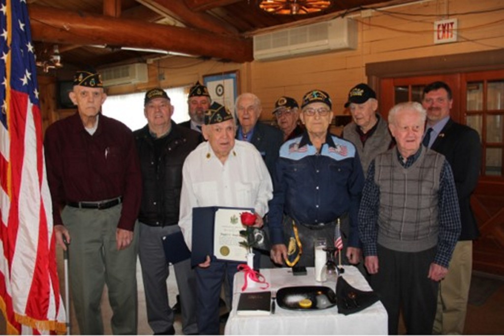 In celebration of the 99th anniversary of the American Legion, Fitzgerald-Cummings American Legion Post 2 in Augusta held a celebration March 11 to honor eight members for their service during World War II and Korea. From left, are Richard Lorenz, Robert Cochran, Cmdr. Howard Betts, of Post 2; Roger Badershall, Leroy Hussey, Francis Harwood, Arvil Farn, Al Dowling, Henry Breton and David Richard, with the State Bureau of Veteran Services.