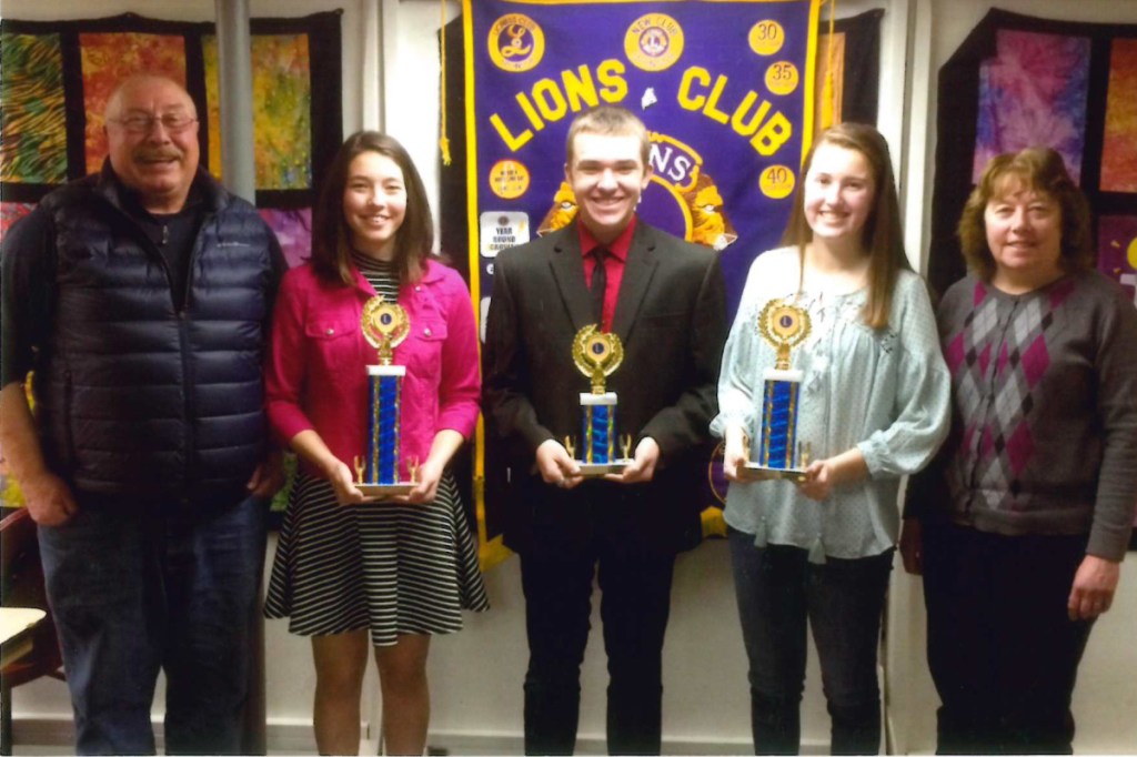 Lion Scott Foyt, left with the Monmouth Lions Club Speak-Out 2018 winners Kaitlin Hunt, Bryce Boulet and Nathalie Grandahl and Lion Cathy Foyt.