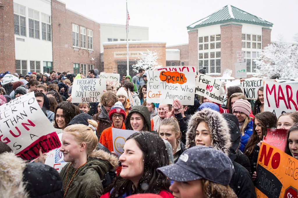 At Yarmouth High School, students participate in a nationwide planned protest against gun violence, on Wednesday.
