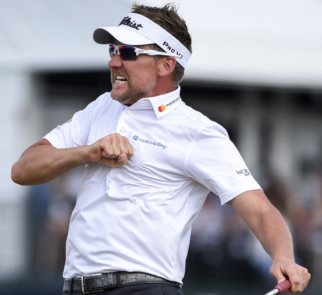 Ian Poulter celebrates after his birdie putt on the 18th hole Sunday forced a playoff against Beau Hossler in the Houston Open. Poulter won with a par on the first playoff hole.