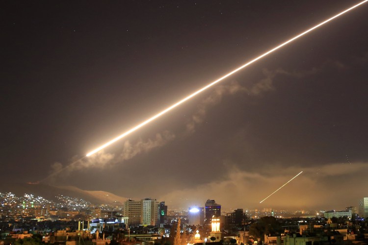 Damascus skies erupt with surface-to-air missile fire as the U.S. launches an attack on Syria targeting different parts of the capital of Damascus.