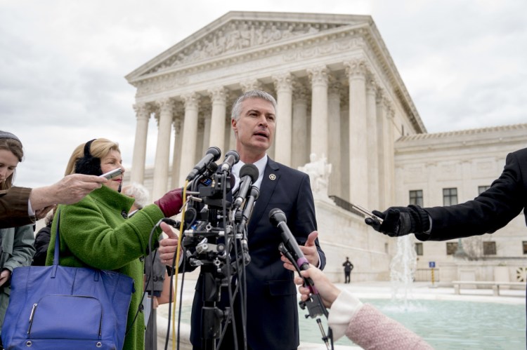 South Dakota Attorney General Marty Jackley speaks outside the U.S. Supreme Court after the court heard oral arguments on South Dakota v. Wayfair, which challenges a rule that has meant consumers don't get charged sales tax on some online purchases, on Tuesday in Washington.