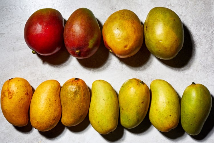 The average grocery store will most often carry one or two types of mangos: a Tommy Atkins, which has green skin that is often tinted with a little to a lot of red or an ataulfo, which are yellow or green and tend to be sweeter.