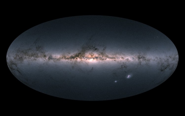 Gaia's all-sky view of our Milky Way Galaxy and neighboring galaxies, based on measurements of nearly 1.7 billion stars. The map shows the total brightness and color of stars observed by the ESA satellite in each portion of the sky between July 2014 and May 2016. 
