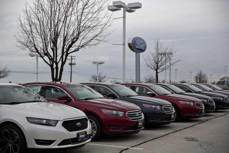 2017 Ford Taurus vehicles on display at a dealership in Matteson, Illinois.