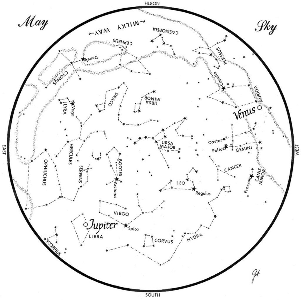 SKY GUIDE: This chart represents the sky as it appears over Maine during May. The stars are shown as they appear at 10:30 p.m. early in the month, at 9:30 p.m. at midmonth and at 8:30 p.m. at month's end. Jupiter and Venus are shown in their midmonth positions. To use the map, hold it vertically and turn it so that the direction you are facing is at the bottom.