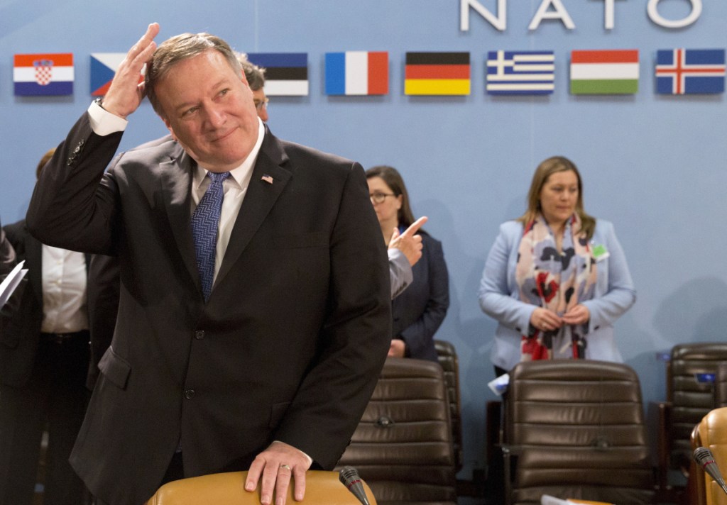 Secretary of State Mike Pompeo arrives for a meeting with the North Atlantic Council at NATO headquarters in Brussels on Friday. He later continued on to the Mideast.