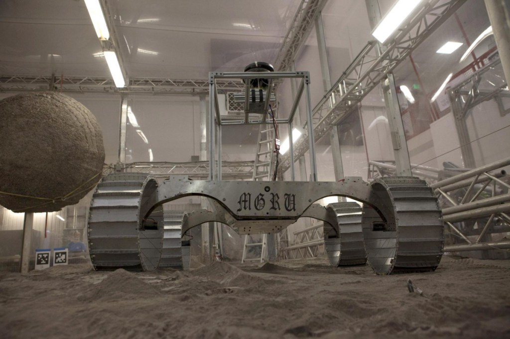 A simulation of NASA's Resource Prospector undergoes a test at Kennedy Space Center in Florida. The mission would have surveyed one of the moon's poles for volatile compounds.