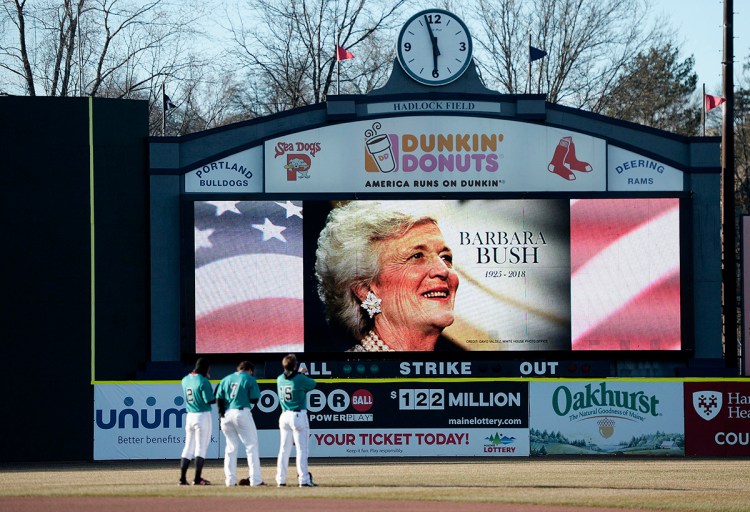 Barbara Bush was remembered with a moment of silence when the Portland Sea Dogs played the Hartford Yard Goats on  Wednesday. 