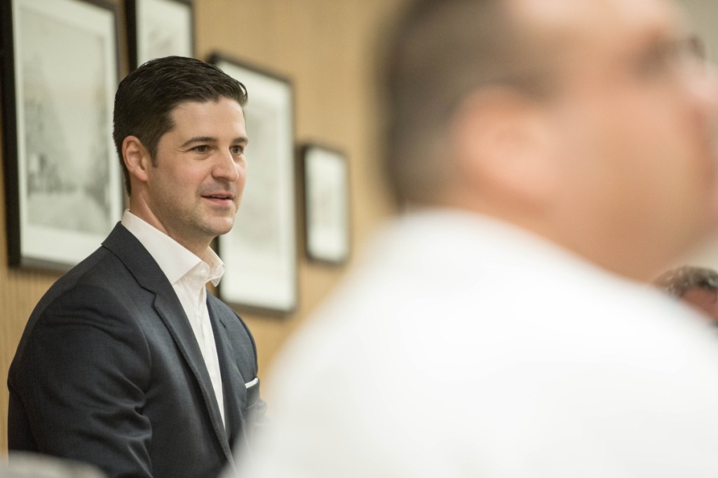 Waterville Mayor Nick Isgro opens the City Council meeting Tuesday in the council chamber in Watervile. In the first of two votes, the council approved funding construction of a boardwalk at Head of Falls.