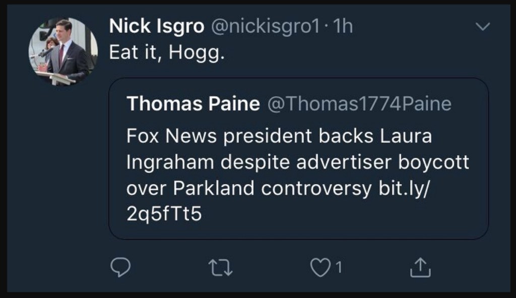 Waterville Mayor Nick Isgro posted a tweet in which he appears to have told Florida school shooting survivor David Hogg to "Eat it, Hogg." The tweet has since disappeared from Isgro's Twitter feed.