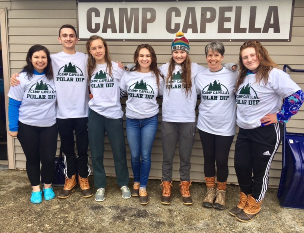 Six Hall-Dale High School Key Club members, led by Advisor Lydia Leimbach, recently jumped into Phillips Lake in Dedham to raise money for Camp Capella. From left are Kaylee Bickford, Anthony Romano, Naomi Lynch, Sierra Millay, Sarah Benner, Leimbach and Savannah Millay. The club has participated in the Camp Capella Polar Plunge for several years running. This year, the six students and their advisor raised more than $2,000 to provide summer camp opportunities for children and adults with disabilities.
