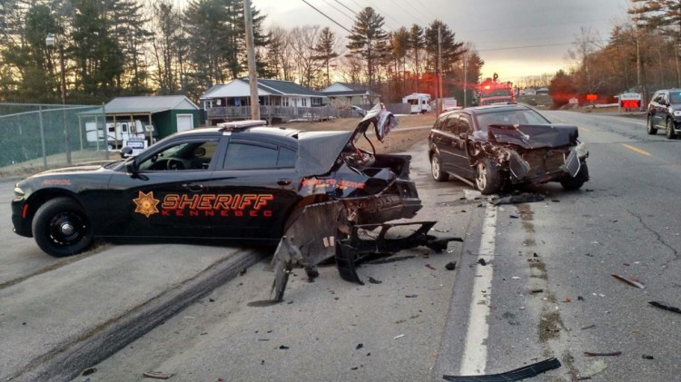 Authorities say a Kennebec County Sheriff's deputy was injured when his cruiser was rear-ended along Route 27 in Belgrade Sunday night.