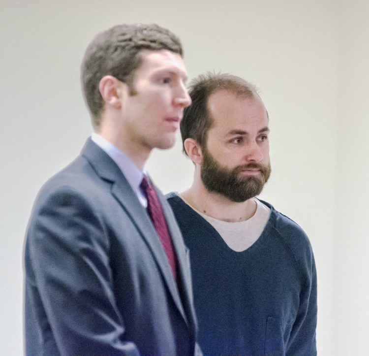 Robert Rohwer, right, with attorney Thomas Nale, takes part in a court hearing Tuesday at the Capital Judicial Center in Augusta. Rohwer pleaded guilty to charges of eluding an officer and driving to endanger in connection with a high-speed chase Dec. 21 in central Maine, and he was sentenced to 100 days in jail.