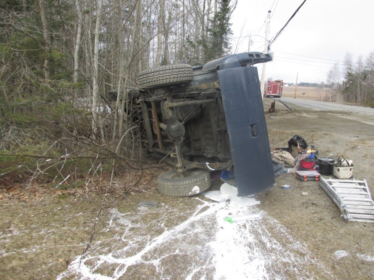 Jason Low, of Winslow, suffered minor injuries Wednesday morning when he swerved his 1991 Chevrolet pickup truck to avoid hitting a deer, striking three utility poles.