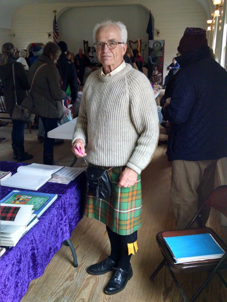 Highland dress, including kilts, is welcome but not required at the annual Tartan Day celebration hosted by the Boothbay Railway Village and the St. Andrews Society of Maine. Historian Bill McKeen is shown here wearing his kilt at last year's celebration while sharing his vast knowledge of Scottish history.