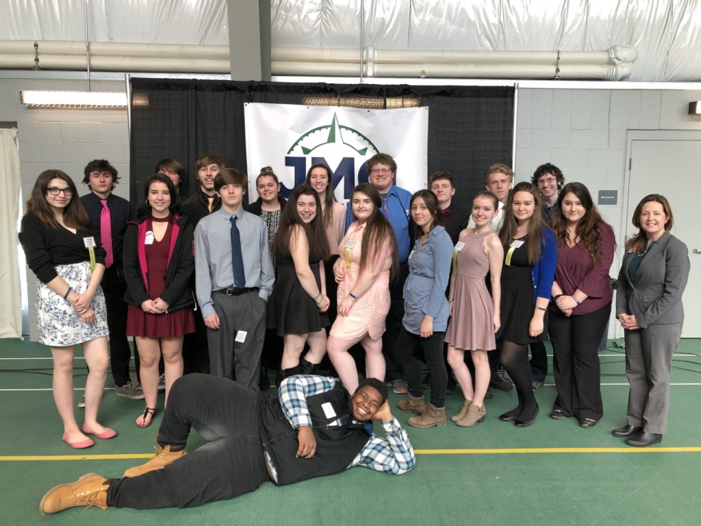 Waterville students at the Jobs for Maine Grad's annual Career Development Conference on March 27 at Thomas College. Rasheed Parker is on the floor. Standing, front from left, are Cloie Wahl, Meghan Douglass, Sam Pike, Kolbie Soltow, Hope Cogswell, Julia Schutz, Lexi Hawkins, Mickayla Crowley, Kiara Holbrook and JMG Specialist Dana Bushee. Back, from left, are Kory Drake, Tait Blethen, Nick Wildhaber, McKayla Nelson, Sage Hafenecker, Gareth Belton, Jacob Taylor, Cody Belton and Brandon Morgan.