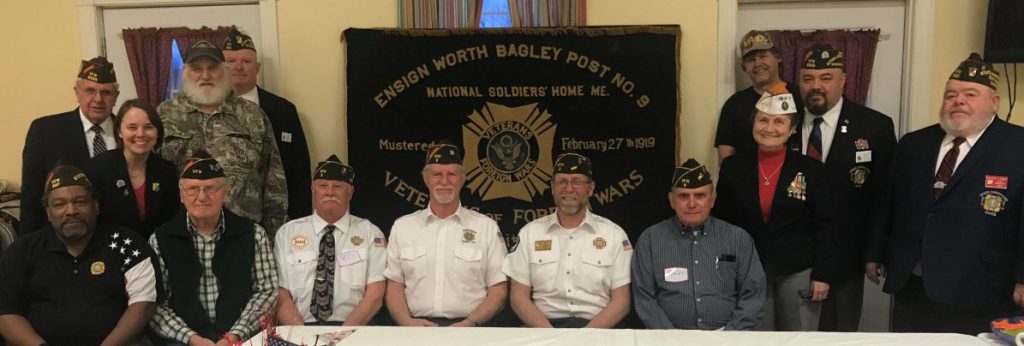 Honored guests for the 100th Anniversary Celebration, front, from left, included C. James Ware, VFW State Service Officer; Charles Wilcox, Post 9; Ted Smith, Surgeon, Post 9; Greg Couture, Adjutant/Quartermaster, Post 9; Roger Line, Commander, Post 9; Ralph Sargent Jr. Vice Commander, Post 9; Debra Couture, Sr. Vice Commander, Post 9; and Richard Farris, VFW State Commander 2017-18. Back, from left, are Andre Dumas, VFW State Adjutant; Harlan Brown, Post 9; David Williams, VFW State Quartermaster; Mark Carter, Post 9; and Steve SanPedro, VFW Past State Commander, 2016-17. Also in attendance, but missing from photo, were Earl Stevens, Chaplain, Post 9; Bruce Davis, Judge Advocate, Post 9; and Bill Baxter, Post 9.