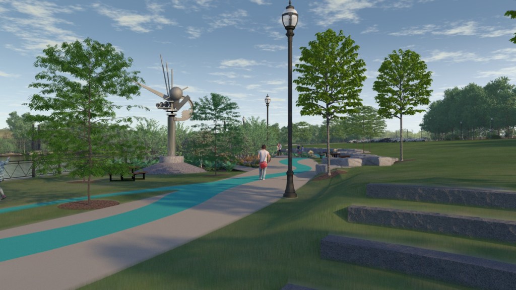Mitchell & Associates landscape designers, of Portland, envision "The Ticonic" sculpture overlooking the Kennebec River from Waterville's proposed RiverWalk.