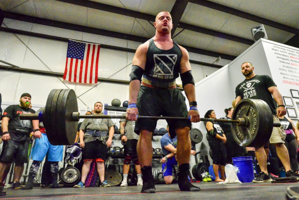 Alex Gauvin competes in the 201-231 pound class last man standing deadlift at the Central Maine Strongman contest Saturday in Augusta.