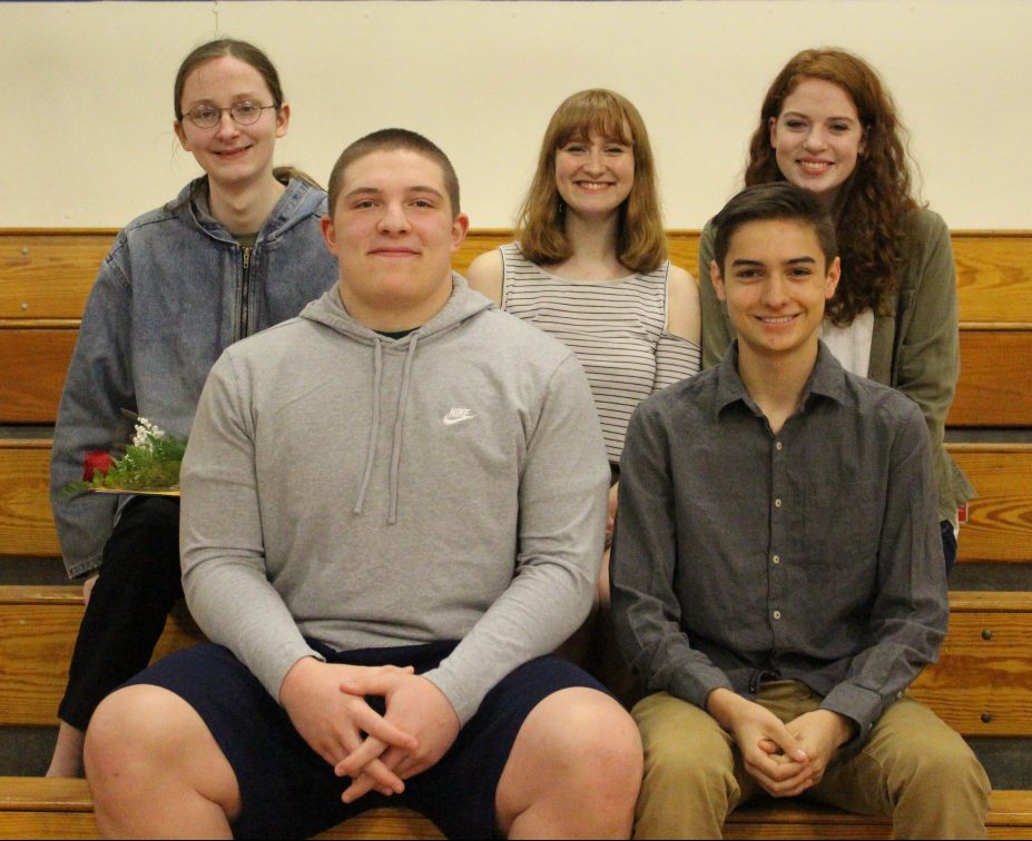 Erskine Academy Seniors of the Trimester awards were present to the following, in front, from left, Jake Peavey, and Luke Hodgkins; in back, from left, Corvus Crump, Gabriella Pizzo and Noelle Cote.