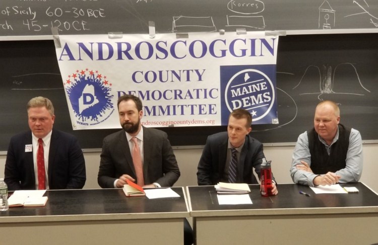 Democratic congressional candidates Craig Olson, left, Lucas St. Clair, Jared Golden and Jonathan Fulford, at a recent 2nd District forum, have combined raised more cash this quarter than incumbent Congressman Bruce Poliquin, but Poliquin holds a substantial lead in total cash available.