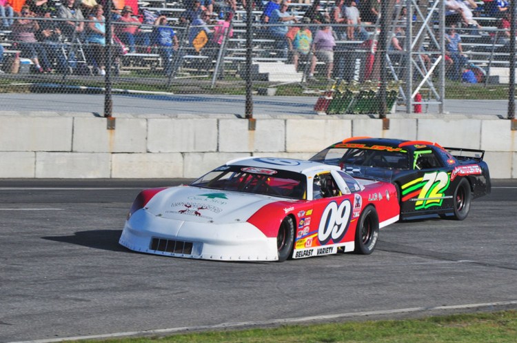 Daren Ripley (09) leads Charlie Colby into turn one during a Pro Stock feature last season at Wiscasset Speedway. Ripley overcame a 22-point deficit over the final two races of the season to win the 2017 track championship.