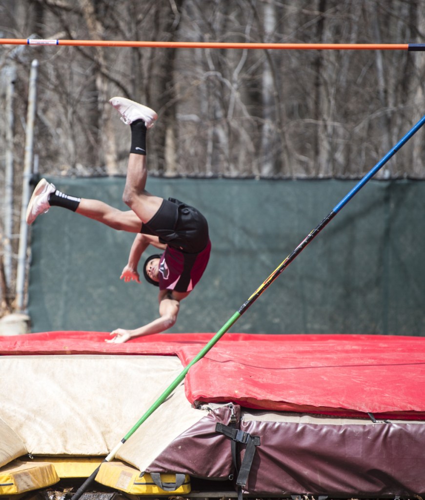 Maine Central Institute's Zyanthony Moss competes in the pole vault at the Waterville Relays on Saturday in Waterville.