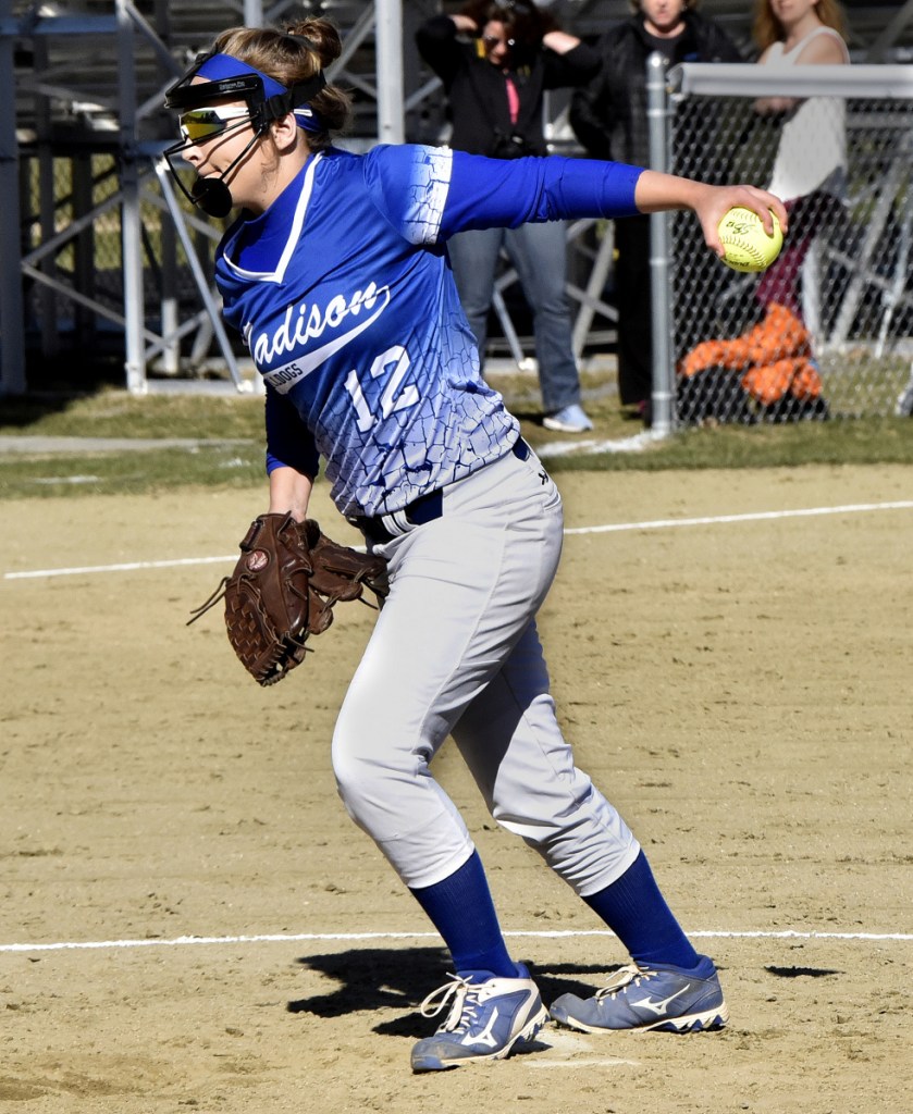 Madison starting pitcher Lauria LeBlanc throws during a Mountain Valley Conference game against Hall-Dale on Monday in Farmingdale.